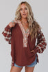 Floral Plaid Mixed Print Bishop Sleeve Patchwork Top